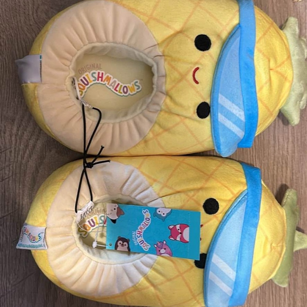 Squishmallows Yellow Pineapple Slippers with Blue Sunglasses